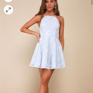 Pleasantly Darling Blue Jacquard Floral Backless Mini Dress - Lulus size M